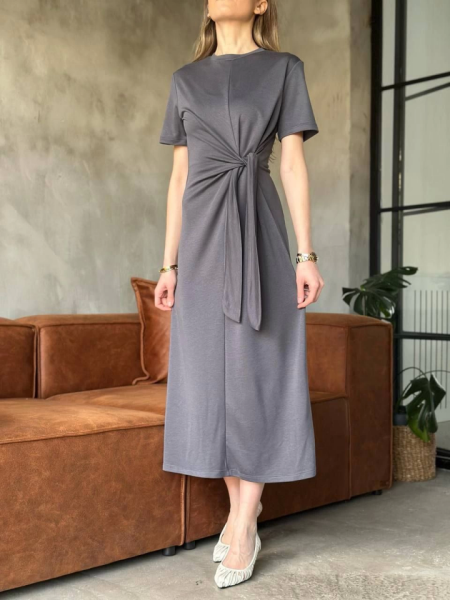 Osy Modal Yumuşak Dokulu Kumaş Yandan Bağlamalı Elbise - Gri