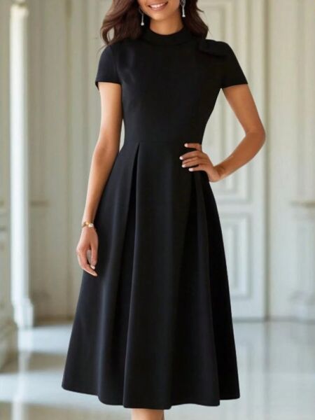 Kadın Kısa Kollu Yarı Balıkçı Yaka Pileli Janjan Krep Midi Elbise