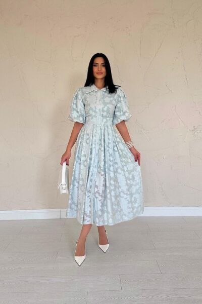 Mint Kemerli Balon Kollu Elbise
