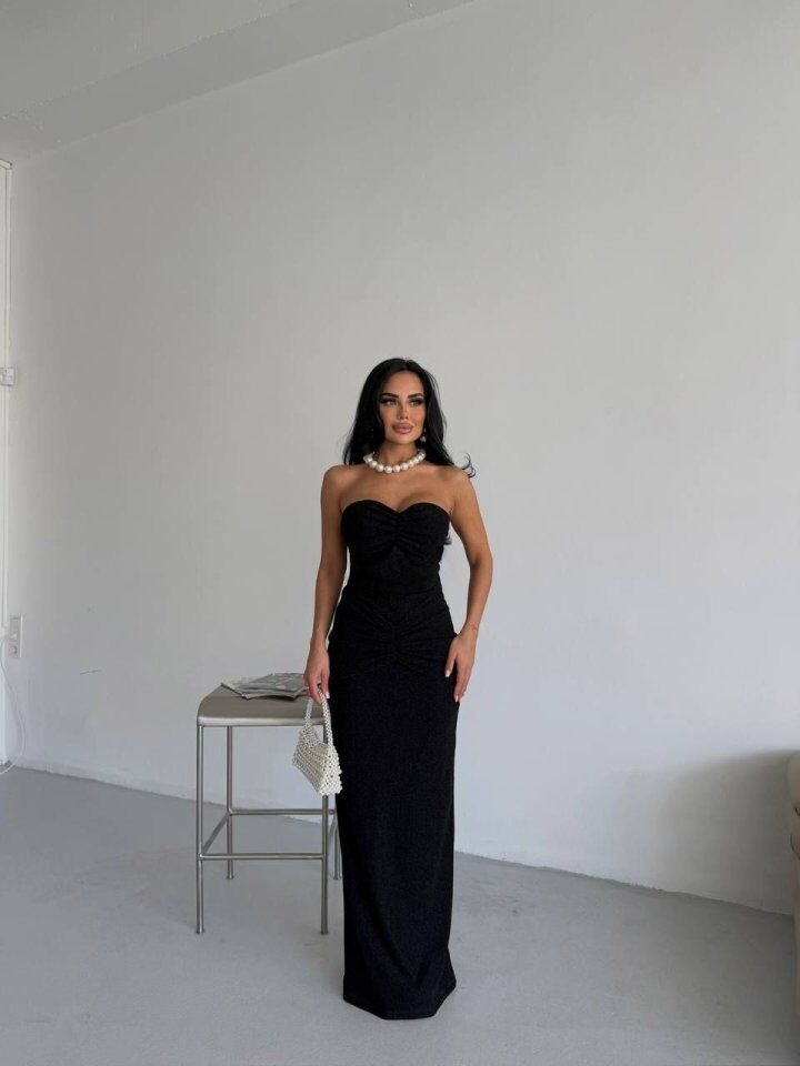 Straplez Simli Uzun Elbise