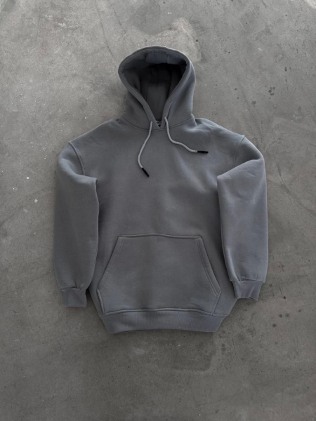 Kapşonlu Üç İplik Penye Basic SweatShirt - Boyalı Gri